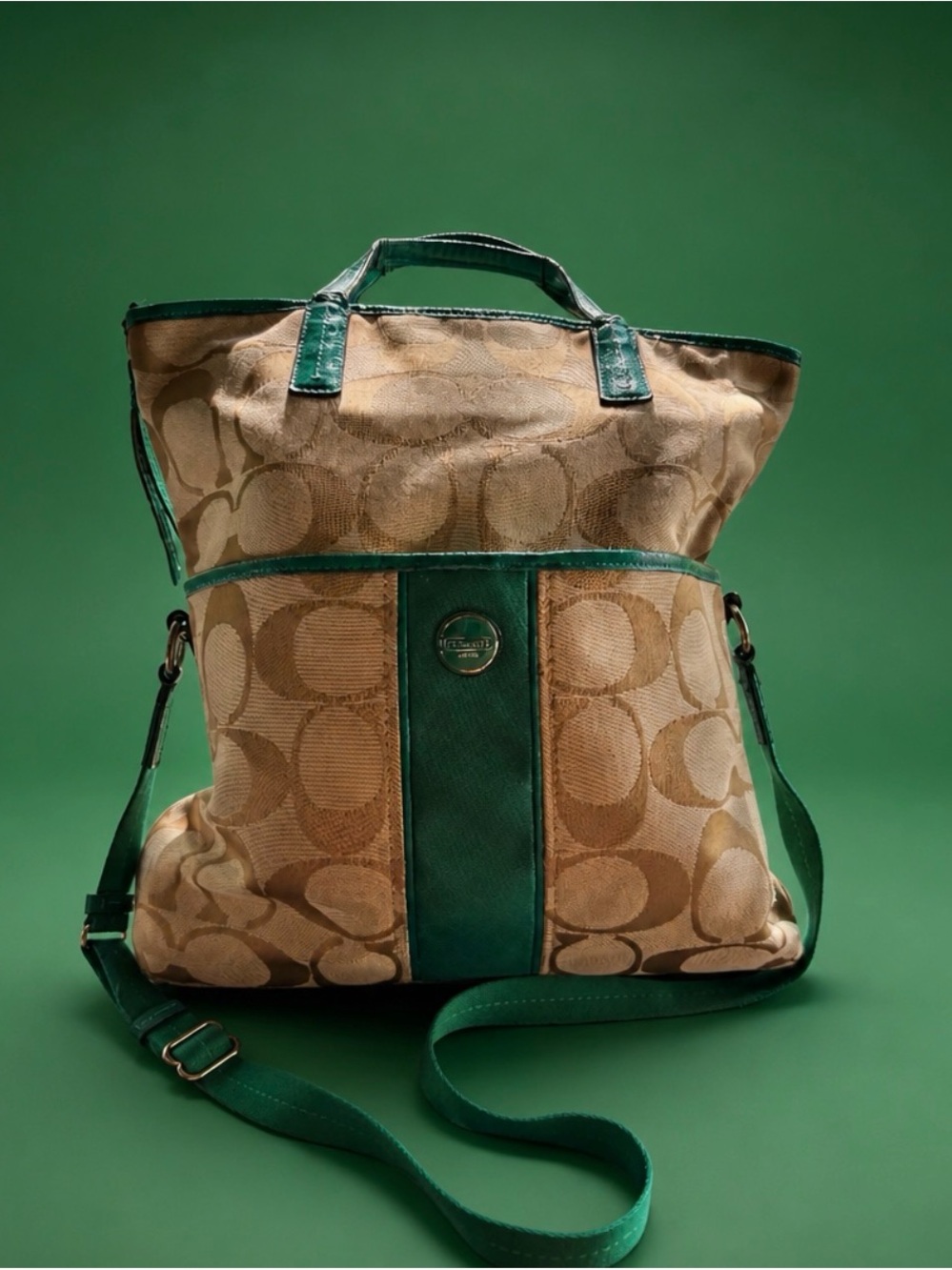 Coach Tan Signature Canvas Tote with Green Leather Accents
